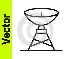 Black line Satellite dish icon isolated on white background. Radio antenna, astronomy and space research. Vector