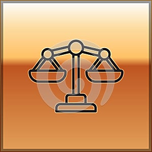 Black line Scales of justice icon isolated on gold background. Court of law symbol. Balance scale sign. Vector.