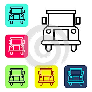 Black line School Bus icon isolated on white background. Public transportation symbol. Set icons in color square buttons