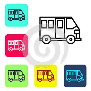 Black line School Bus icon isolated on white background. Public transportation symbol. Set icons in color square buttons