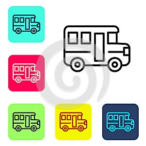 Black line School Bus icon isolated on white background. Public transportation symbol. Set icons in color square buttons