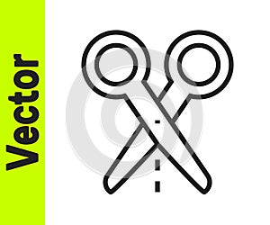 Black line Scissors with cut line icon isolated on white background. Tailor symbol. Cutting tool sign. Vector