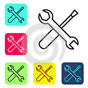 Black line Screwdriver and wrench spanner tools icon isolated on white background. Service tool symbol. Set icons in