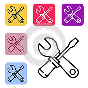 Black line Screwdriver and wrench spanner tools icon isolated on white background. Service tool symbol. Set icons in