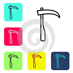Black line Scythe icon isolated on white background. Happy Halloween party. Set icons in color square buttons. Vector