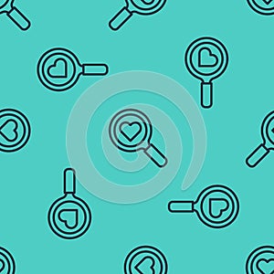 Black line Search heart and love icon isolated seamless pattern on green background. Magnifying glass with heart inside