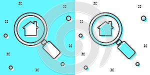 Black line Search house icon isolated on green and white background. Real estate symbol of a house under magnifying