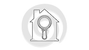 Black line Search house icon isolated on white background. Real estate symbol of a house under magnifying glass. 4K