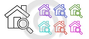 Black line Search house icon isolated on white background. Real estate symbol of a house under magnifying glass. Set