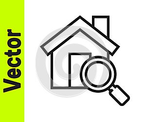 Black line Search house icon isolated on white background. Real estate symbol of a house under magnifying glass. Vector