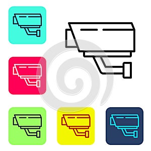 Black line Security camera icon isolated on white background. Set icons in color square buttons. Vector