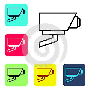 Black line Security camera icon isolated on white background. Set icons in color square buttons. Vector