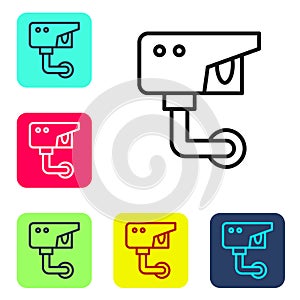 Black line Security camera icon isolated on white background. Set icons in color square buttons. Vector