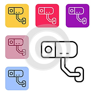 Black line Security camera icon isolated on white background. Set icons in color square buttons. Vector