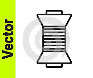 Black line Sewing thread on spool icon isolated on white background. Yarn spool. Thread bobbin. Vector Illustration