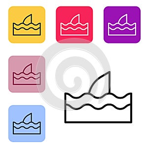 Black line Shark fin in ocean wave icon isolated on white background. Set icons in color square buttons. Vector