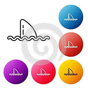 Black line Shark fin in ocean wave icon isolated on white background. Set icons colorful circle buttons. Vector