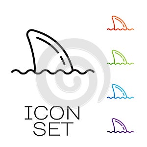 Black line Shark fin in ocean wave icon isolated on white background. Set icons colorful. Vector