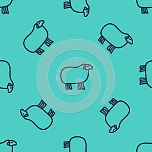 Black line Sheep icon isolated seamless pattern on green background. Animal symbol. Vector