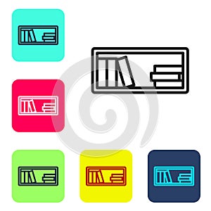 Black line Shelf with books icon isolated on white background. Shelves sign. Set icons in color square buttons. Vector