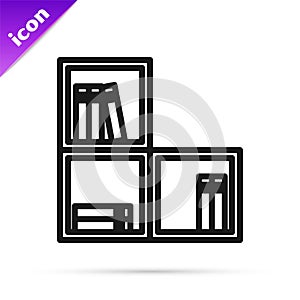 Black line Shelf with books icon isolated on white background. Shelves sign. Vector