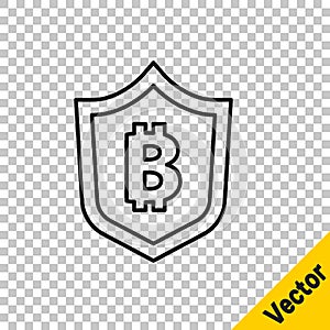 Black line Shield with bitcoin icon isolated on transparent background. Cryptocurrency mining, blockchain technology