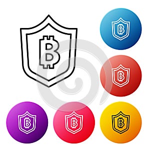 Black line Shield with bitcoin icon isolated on white background. Cryptocurrency mining, blockchain technology, security