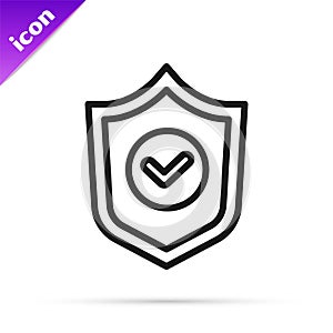 Black line Shield with check mark icon isolated on white background. Protection symbol. Security check Icon. Tick mark