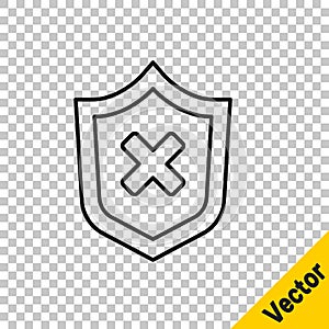 Black line Shield with cross mark icon isolated on transparent background. Shield and rejected. Notice of refusal