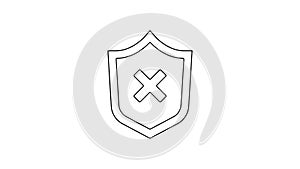 Black line Shield with cross mark icon isolated on white background. Shield and rejected. Notice of refusal. 4K Video