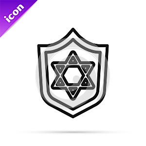 Black line Shield with Star of David icon isolated on white background. Jewish religion symbol. Symbol of Israel. Vector