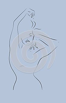 Black line shillouette of attractive woman in dancing pose with one hand above her head sprinkling hair.