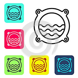 Black line Ship porthole with rivets and seascape outside icon isolated on white background. Set icons in color square buttons.