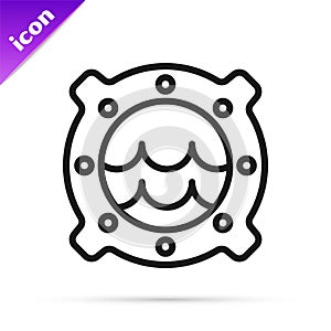 Black line Ship porthole with rivets and seascape outside icon isolated on white background. Vector