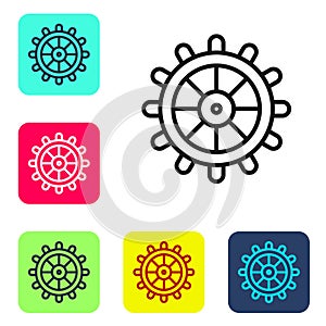 Black line Ship steering wheel icon isolated on white background. Set icons in color square buttons. Vector