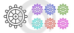 Black line Ship steering wheel icon isolated on white background. Set icons colorful. Vector
