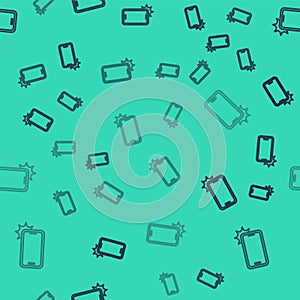 Black line Shockproof mobile phone icon isolated seamless pattern on green background. Vector