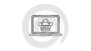 Black line Shopping basket on screen laptop icon isolated on white background. Concept e-commerce, e-business, online