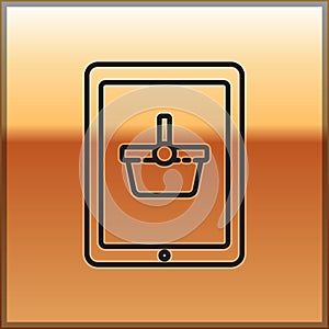 Black line Shopping basket on screen tablet icon isolated on gold background. Concept e-commerce, e-business, online