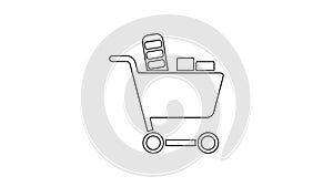 Black line Shopping cart and food icon isolated on white background. Food store, supermarket. 4K Video motion graphic