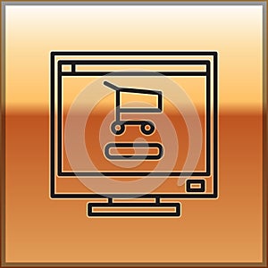 Black line Shopping cart on screen computer icon isolated on gold background. Concept e-commerce, e-business, online