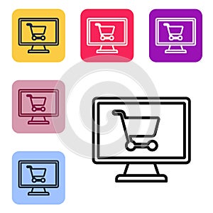 Black line Shopping cart on screen computer icon isolated on white background. Concept e-commerce, e-business, online