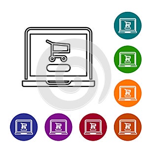 Black line Shopping cart on screen laptop icon isolated on white background. Concept e-commerce, e-business, online