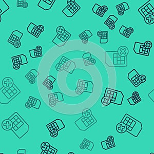 Black line Sim card rejected icon isolated seamless pattern on green background. Mobile cellular phone sim card chip