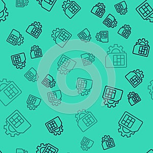 Black line Sim card setting icon isolated seamless pattern on green background. Mobile cellular phone sim card chip