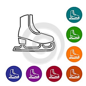 Black line Skates icon isolated on white background. Ice skate shoes icon. Sport boots with blades. Set icons in color