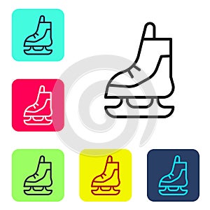 Black line Skates icon isolated on white background. Ice skate shoes icon. Sport boots with blades. Set icons in color