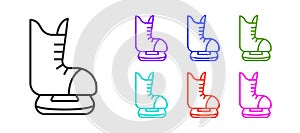 Black line Skates icon isolated on white background. Ice skate shoes icon. Sport boots with blades. Set icons colorful