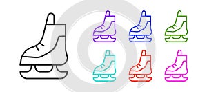 Black line Skates icon isolated on white background. Ice skate shoes icon. Sport boots with blades. Set icons colorful