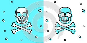 Black line Skull on crossbones icon isolated on green and white background. Happy Halloween party. Random dynamic shapes